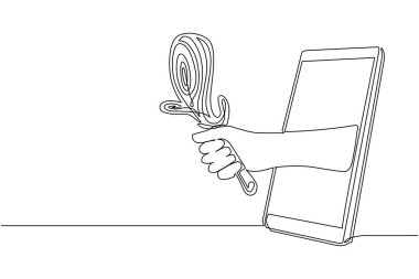 Sürekli bir hat çizerek cep telefonundan silah sopasıyla tutuş. Video oyunları, e-spor, akıllı telefonlar için eğlence uygulaması kavramı. Tek çizgi çizimi tasarım vektör çizimi