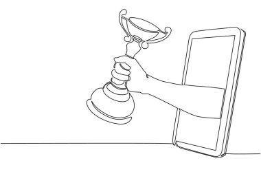 Sürekli bir çizgi çizen oyuncu elini cep telefonuyla kupayı tutuyor. Uygulamalı spor oyunları olan akıllı telefon. Mobil spor akış şampiyonluğu. Tek çizgi çizimi tasarım vektörü grafik çizimi