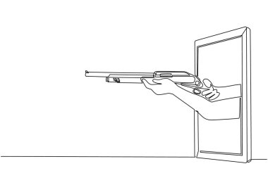 Tek sıra halinde cep telefonundan pompalı tüfeği tutuyor. Video oyunları, e-spor, akıllı telefonlar için eğlence uygulaması kavramı. Devamlı çizgi çizimi tasarım vektörü illüstrasyonu