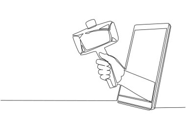 Tarih öncesi taş çekiçle cep telefonundan el ele tutuşan sürekli bir çizgi. Mobil oyunlar, e-spor, akıllı telefonlar için eğlence uygulaması. Tek çizgi çizme tasarım vektörü