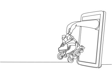 Tek çizgi çizen oyuncu cep telefonuyla tekerlekli patenleri tutuyor. Paten oyunu uygulamalı akıllı telefon. Mobil spor akış şampiyonluğu. Modern sürekli çizgi çizim grafik vektörü