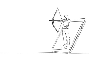 Tek sıra halinde yaylı ve oklu bir kadın akıllı telefon ekranından çıkıyor. Mobil spor müsabakaları. Canlı mobil uygulamalı çevrimiçi okçuluk oyunu. Bir çizgi çizimi tasarım vektörü illüstrasyonu