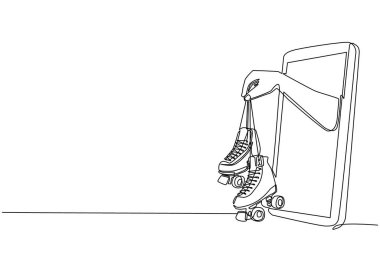 Tek bir çizgili çizim oyuncusu cep telefonuyla paten kayıyor. Paten oyunları uygulamalı akıllı bir telefon. Mobil spor akış şampiyonluğu. Bir çizgi çizimi tasarım vektörü illüstrasyonu