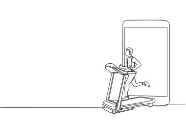 Tek sıra halinde akıllı telefon çekiyor ve adam motorlu koşu bandında koşuyor. Elektrikli eğitim makinesinde sportif bir adam. Spor salonu, spor aleti. Aralıksız çizgi çizimi tasarım grafik vektör çizimi
