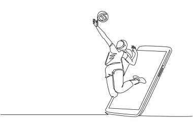 Tek sıra halinde profesyonel voleybol oyuncusu bayan voleybol oyuncusu akıllı telefon ekranının dışına atlama egzersizi yapıyor. Online voleybol oyunu uygulaması. Bir çizgi çizimi tasarım vektörü illüstrasyonu
