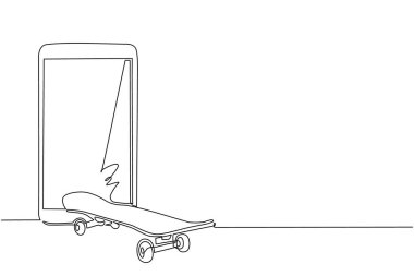 Aktif yaşam tarzı için tekerli kaykaylı akıllı telefon, ekstrem gençlik aktiviteleri, dengeli sokak eko taşımacılığı. Tek çizgi çizimi tasarım vektörü grafik çizimi