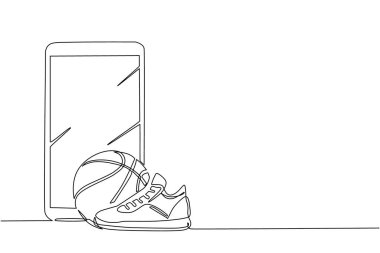 Tek sıra halinde basketbol topu ve akıllı telefonlu ayakkabılar çiziyor. Spor malzemeleri. Basketbol şeyleri. Rekabetçi ve rekabetçi oyun. Aktif ve sağlıklı bir yaşam tarzı. Bir çizgi çizme tasarım vektörü