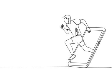 Tek çizgi çizen koşucu adam hızlı koşmak için odaklanıyor, akıllı telefon ekranından çıkıyor. Mobil spor müsabakaları. Canlı mobil uygulama ile çevrimiçi çalıştırma oyunu. Devamlı çizgi çizim tasarım vektörü