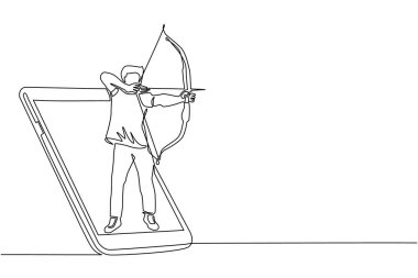 Tek sıra halinde ok ve yaylı adam akıllı telefon ekranından çıkıyor. Mobil spor müsabakaları. Canlı mobil uygulamalı çevrimiçi okçuluk oyunu. Devamlı çizgi çizimi tasarım vektörü illüstrasyonu