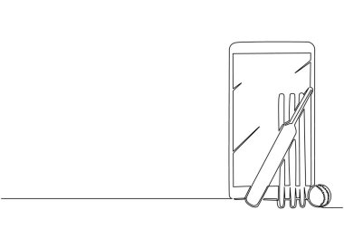 Kriket sopası, top ve kale kütüklerini akıllı telefonla çizmeye devam et. Çevrimiçi kriket oyunları. Akıllı telefon uygulamaları. Gezici kriket. Tek çizgi çizimi tasarım vektörü grafik çizimi