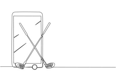 Tek bir çizgi, iki çapraz golf sopası ve akıllı telefonlu top çiziyor. Beyaz arka planda izole edilmiş modaya uygun düz stil sanal golf malzemeleri logosu. Devamlı çizgi çizim tasarım vektörü