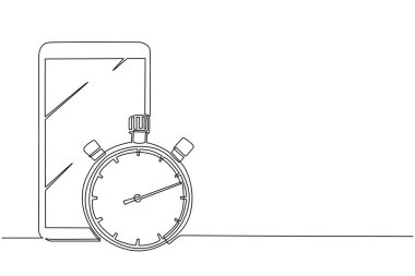 Sürekli bir çizgi, akıllı telefon ve kronometre çiziyor, başlamak, durmak, ölçmek için özel saat. Spor ve yarışma ekipmanları. Zamanlayıcı dönüş ok simgesi, izleme logosunu durdur. Tek çizgi çizme tasarım vektörü