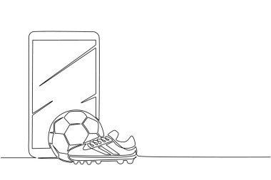 Tek sıra halinde akıllı telefon, futbol ayakkabısı ve futbol topu çiziyor. Futbol ikonu. Futbol topu çizmeleri. Spor envanteri. Çevrimiçi futbol maçları. Mobil uygulamalar. Bir çizgi çizme tasarım vektörü