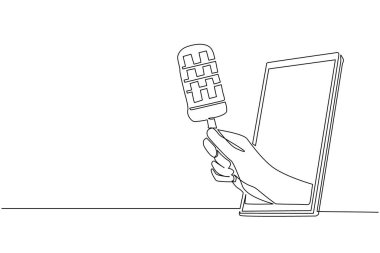 Tek sıra halinde buzlu dondurmayı cep telefonuyla çiziyor. Restoran siparişi çevrimiçi yemek. Akıllı telefonlar için başvuru formu. Modern sürekli çizgi çizim grafik vektörü