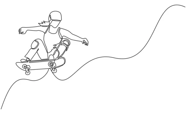 单行连续画年轻酷滑板女子骑着滑板 在滑板公园做跳跃动作 青少年极限运动 健康的体育生活方式概念 单线绘图设计矢量 — 图库矢量图片