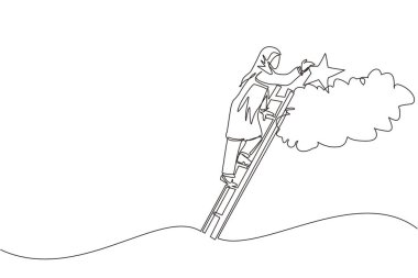 Tek sıra halinde, merdivenlerde duran ve gökyüzündeki yıldıza ulaşan Arap iş kadını. Hedefler ve hayaller. İş, kariyer, başarı konsepti. Bir çizgi grafik tasarım vektör çizimi