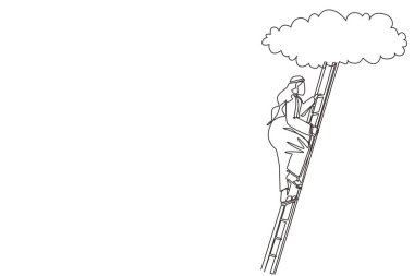 Sürekli olarak Arap işadamlarının kariyer basamaklarını tırmanarak bulutlara tırmanmalarına neden oluyor. Başarılı iş geliştirme. Profesyonel büyüme ve terfi. Tek çizgi çizimi tasarım vektör çizimi