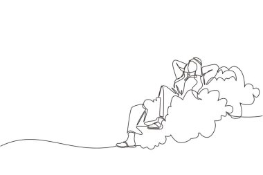 Bulutların üzerinde uzanan, gevşemiş ve başarılı mutlu Arap iş adamı çizimi. Mola, tatil, kahve ve dinlenme. Aralıksız çizgi çizimi tasarım grafik vektör çizimi