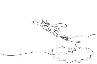 Tek sıra halinde iş kadını süper kahraman uçar ve toz bulutu bırakır. Pelerinli süper işçi havalanıyor. Güç ve eşsiz iş konsepti. Devamlı çizgi çizimi grafik vektörü