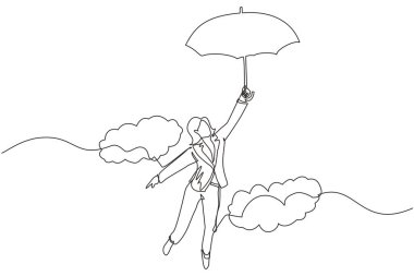 Şemsiyeli evrak çantasıyla uçan mutlu zengin iş kadınını çizmeye devam ediyor. Ofis çalışanı mali bağımsızlığını kazandı. Tek çizgi çizimi tasarım vektörü grafik çizimi