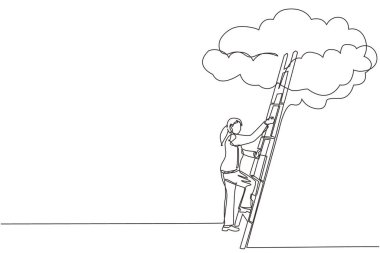 Tek sıra halinde iş kadını kariyer basamaklarını tırmanıyor. Başarılı iş geliştirme. Profesyonel büyüme promosyonu. Aralıksız çizgi çizimi tasarım grafik vektör çizimi