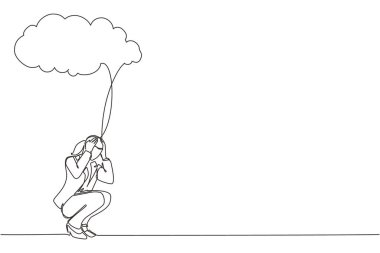 Sürekli tek sıra halinde, üzgün hisseden iş kadını yağmur ve bulut altında oturan depresyon. Mutsuz, bunalımlı, yalnız, sıkıntılı, sıkıntılı bir işçi. Bir çizgi çizimi grafik tasarım vektörü