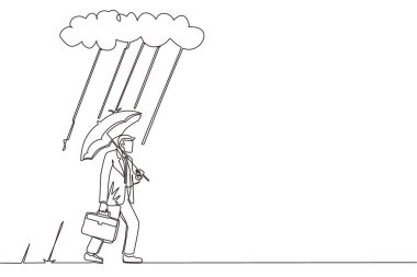 Çantalı ve şemsiyeli işadamlarının yağmur bulutu altında durduğu tek sıra. Depresyon, yağmurlu havada yoldan geçenler. Sırılsıklam olmuş adam, gökten su dökülüyor. Aralıksız çizgi grafik tasarım vektörü