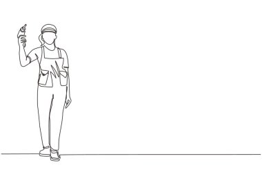 Tamir için elektrikli matkap tutan tek bir çizgili kadın işçi. Üniformalı bir inşaatçı Tulumlu bir kadın. Enstrümanlı tamirci kadın. Modern sürekli çizgi çizim grafik vektörü