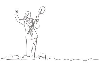 Tek sıra, kazılmış zeminde elinde kürekle duran Arap iş kadını çiziyor. Heyecanlı yüzü olan bir kadın pislikte hazine bulur. Başarılı bir iş. Devamlı çizgi tasarım grafik vektörü