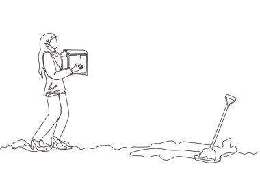 Sürekli bir çizgi halinde yürüyen ve hazine sandığı tutan Arap iş kadını çiziyor. İçinde bir sürü altın para olan hazine kutulu bir kadın. İş metaforu. Tek çizgi çizimi tasarım vektör çizimi