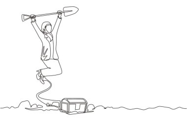 Tek sıra halinde, Arap iş kadınını delikte hoplayıp zıplatırken iki eliyle küreği kaldırırken hazine sandığını buluyor. Şanslı zengin kadın. Dinamik bir çizgi grafik tasarım vektörü