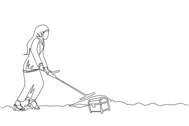 Metal dedektörlü Arap iş kadını hazine sandığı arıyor. Metal dedektörlü kadın hazine avcısı değerli bir mücevher buluyor. Tek çizgi çizimi tasarım vektörü grafiği