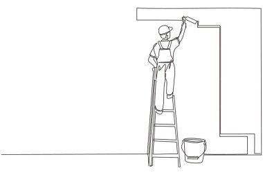 Tek sıra boyacı merdiven duvarında durur, duvarı boyar. Adam elinde boya silindiri tutuyor. İnşaat işi sağlamak için insan koşuları. Üniformalı bir işçi. Devamlı çizgi çizim tasarım vektörü