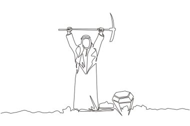 Tek sıra halinde, her iki eliyle kazmayı kaldırırken ve elmas ya da değerli taş ararken delikte hoplayıp zıplayan Arap işadamını çekiyor. Bir çizgi çizimi grafik tasarım vektör çizimi