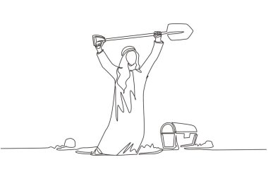 Tek sıra halinde, iki eliyle kürek kaldırırken ve hazine sandığı arap işadamını delikte mutlu bir şekilde çiziyor. Şanslı zengin adam. Devamlı çizgi tasarımı grafik vektör illüstrasyonu