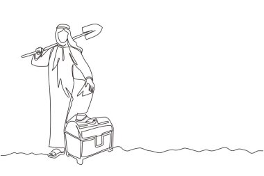 Arap işadamlarının kürekle toprağı kazıp hazine sandığı bulmalarını sağlayan tek sıra. Başarı işi, başarı ve keşif konsepti. Dinamik bir çizgi grafik tasarım vektörü