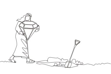 Sürekli bir çizgi halinde, Arap işadamı yürüyor ve elinde büyük bir elmas tutuyor. Değerli taşları olan mutlu bir adam. Başarılı iş finans konsepti. Tek çizgi çizimi tasarım vektörü grafik çizimi