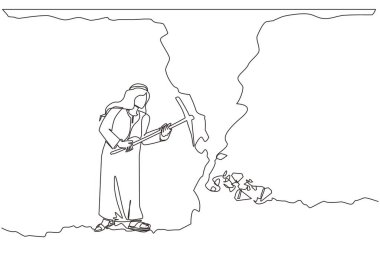 Tek sıra halinde, Arap işadamı elmas elde etmek için kazıyor. İşçi bir yeraltı tünelinde elmas arıyor. Bir çizgi çizimi grafik tasarım vektör çizimi