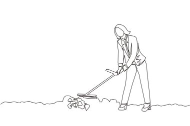 Metal dedektörlü tek sıra halinde iş kadını elmas yığını arıyor. Metal dedektörlü kadın hazine avcısı değerli taşlar buluyor. Dinamik bir çizgi grafik tasarım vektörü