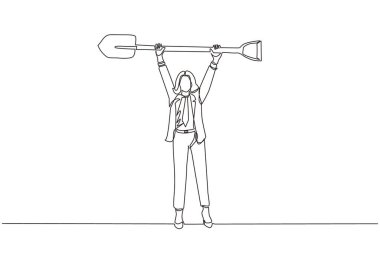 Tek sıra halinde duran ve koca küreği kaldıran bir iş kadını. İş konsepti. Sıkı çalışmayı, başarıyı, başarıyı ve keşfi simgeler. Aralıksız çizgi çizimi tasarım grafik vektör çizimi