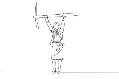 Ayakta duran ve büyük bir kazma kaldıran iş kadını. İş konsepti. Sıkı çalışmayı, başarıyı, başarıyı, keşfi gösterir. Tek çizgi çizimi tasarım vektörü grafik çizimi