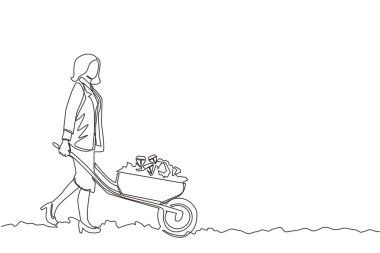 Ceketli mutlu bir iş kadınının elmaslarla dolu el arabasını ittiği tek sıra. Altın, mücevher ve değerli taşlı el arabası. İş ve finans kavramı. Bir çizgi çizme tasarım vektörü