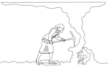 Tek sıra halinde, iş kadını kazmayla elmas elde etmeye çalışıyor. İşçi bir yeraltı tünelinde elmas arıyor. Dinamik bir çizgi grafik tasarım vektörü çizimi