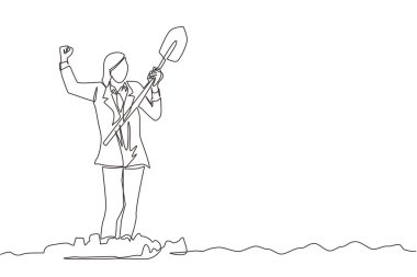 Tek sıra halinde ayakta duran ve kazılmış zeminde kürek tutan mutlu bir iş kadını. Heyecanlı yüzü olan bir kadın pislikte hazine bulur. Başarılı bir iş. Devamlı çizgi tasarım grafik vektörü