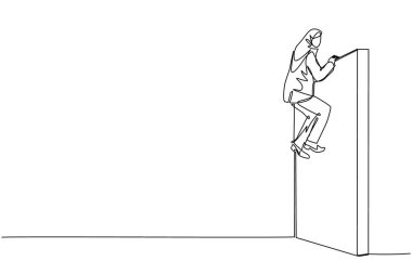 Sürekli olarak, Arap iş kadınlarını çeken bir çizgi onu engelleyen ve zorlukları yenen duvar engellerini aştı. Zafere ulaşmak için zorlukların üstesinden gelmek. Tek çizgi çizimi tasarım vektör çizimi