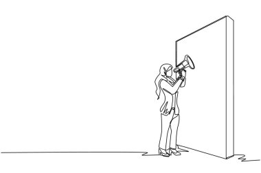 Devamlı olarak, duvarın önünde elinde megafonla duran Arap bir iş kadını çiziyor. Kadın megafonla bağırıyor. Lider kariyer terfisini duyurdu. Tek çizgi çizimi tasarım vektör çizimi