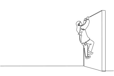 Arap iş kadınlarını çeken tek sıra engel duvarına tırmanıp sorunu çözüyor. İş kavramı, takım metaforu. Başarılı bir lider iş kadını. Dinamik bir çizgi grafik tasarım vektörü