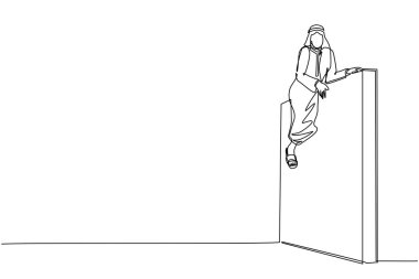 Arap işadamlarının çizdiği tek çizgi onu engelleyen ve zorlukları yenen engelleri aştı. Zafere ulaşmak için zorlukların üstesinden gelmek. Devamlı çizgi çizimi tasarım vektörü illüstrasyonu