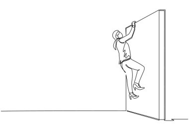 İşkadını sürekli bir çizgi çizerek engel duvarına tırmanıyor ve sorunu çözüyordu. İş kavramı, takım metaforu. Başarılı bir lider iş kadını. Tek çizgi çizimi tasarım vektörü grafik çizimi