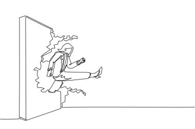 Tek sıra halinde iş kadını koşup tuğla duvarı yıkıyor. Liderlik kavramı. Engel ve çözüm iş kavramı. Modern sürekli çizgi çizimi tasarım grafik vektör çizimi